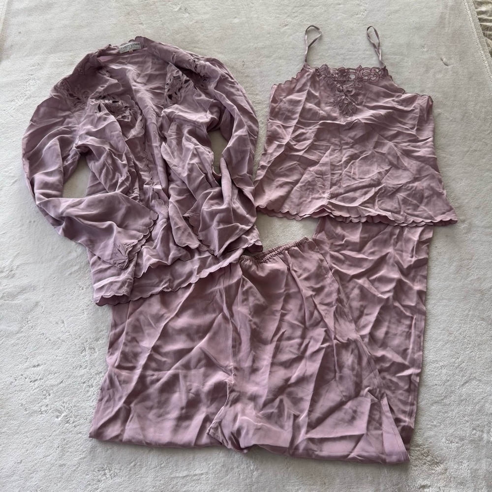 Vintage Lady Lynne Lavender Purple Tank Pants Cardigan Pure Silk Set 1980s